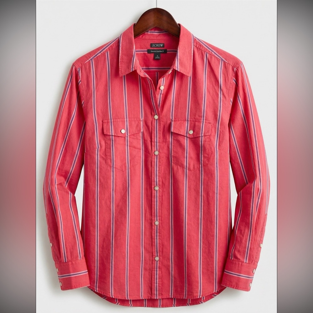 J. Crew Coral Red Vertical Stripe Cotton Button-Down Shirt